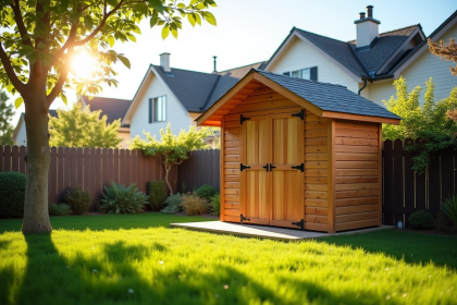 Abri de jardin en bois neuf dans un jardin vert ensoleille
