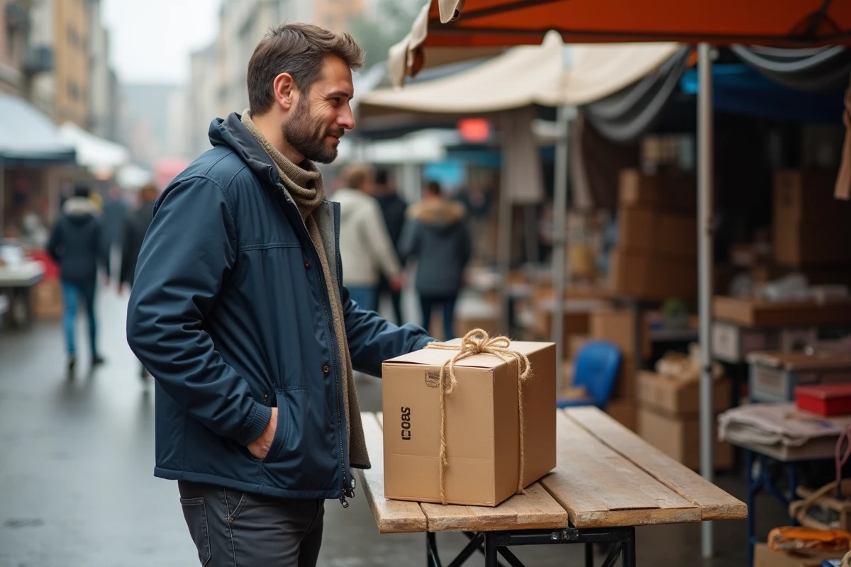 Homme achetant des cartons d'occasion à bas prix sur un marché aux puces pour économiser sur son déménagement