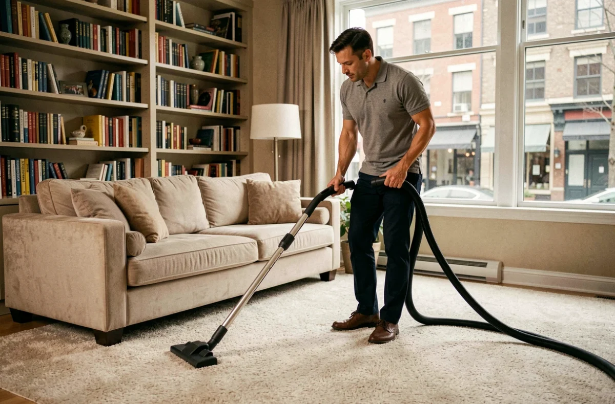 Agent d'entretien masculin passant l'aspirateur dans un salon d'appartement bien meublé