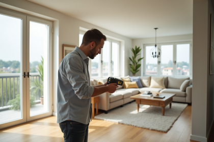 Agent immobilier mesurant un salon lumineux et moderne