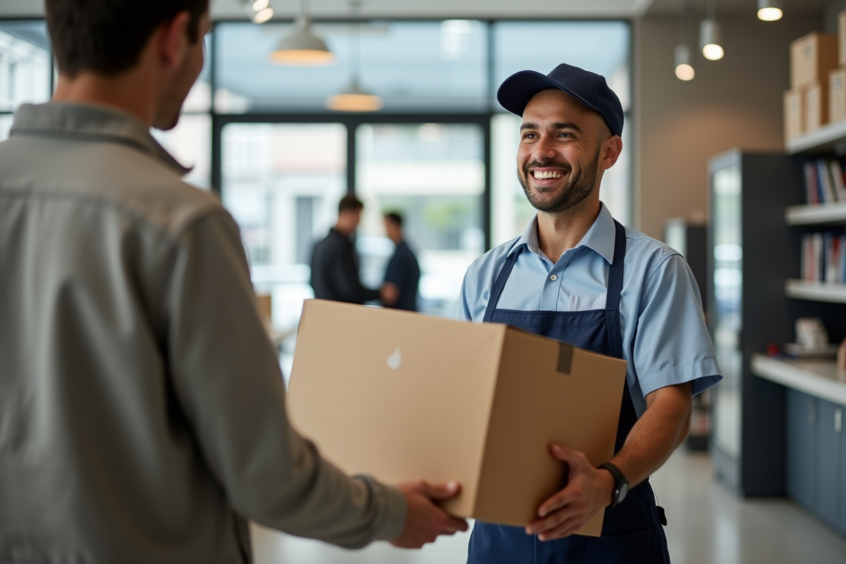 Agent postal souriant donnant des cartons vides à un client dans un bureau de poste moderne