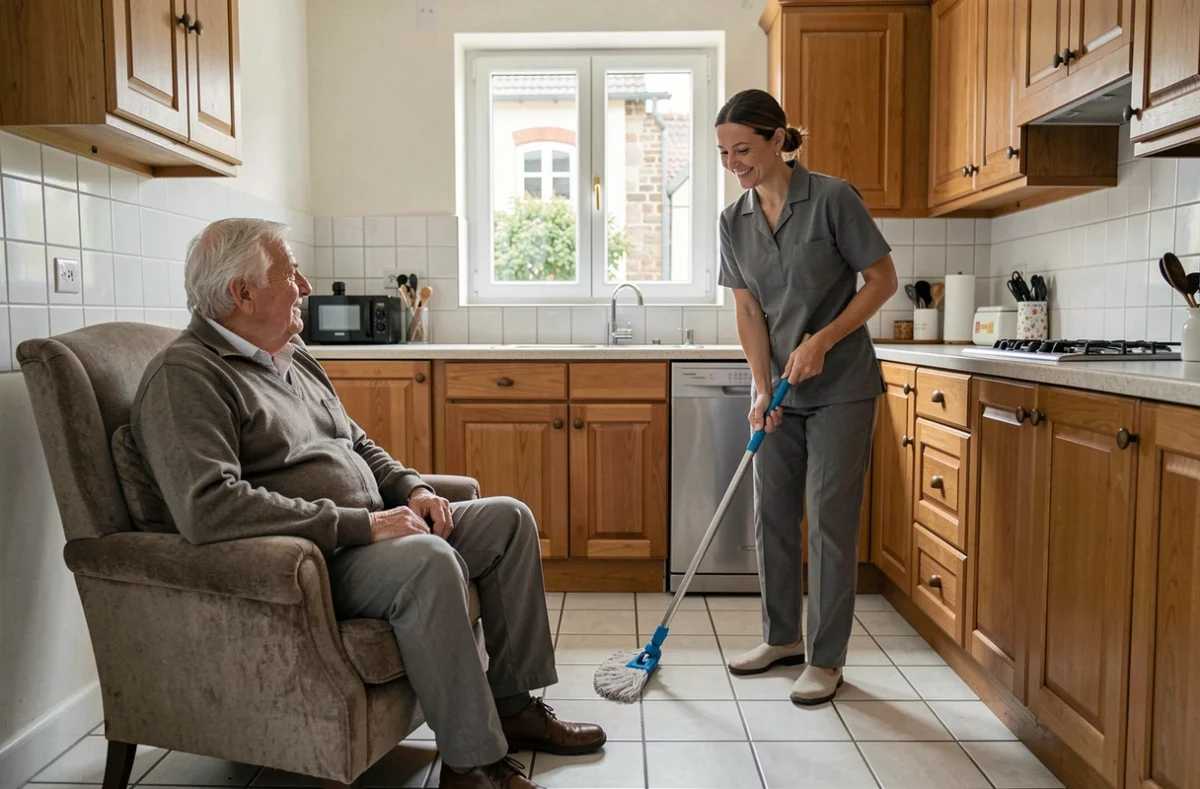 Personne âgée accompagnée par une aide ménagère dans une cuisine à Saint-Étienne