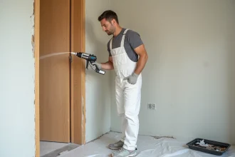 Artisan appliquant un joint acrylique blanc entre un mur neuf et un cadre de porte avant peinture