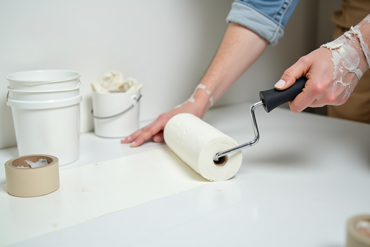 Mains appliquant une couche de primer blanc sur un mur réparé