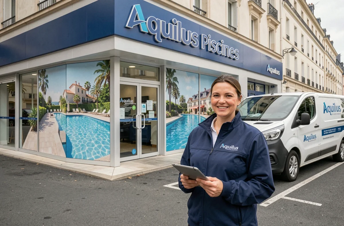 Agence Aquilus Piscines en région Auvergne-Rhône-Alpes avec façade commerciale et conseillère à l'entrée