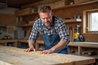 Artisan en denim touchant une table en chene brut