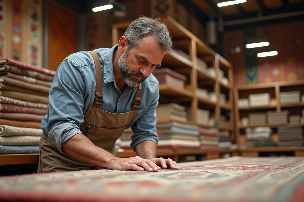Artisan homme inspectant un tapis traditionnel dans un showroom lumineux