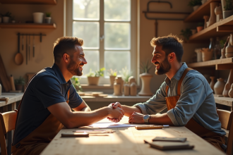 Artisan souriant et client discutant dans un atelier lumineux