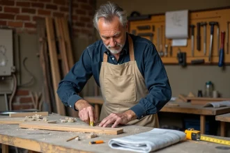 Artisan menuisier mesurant des planches en bois dans un atelier de rénovation avec des outils et des plans de travaux