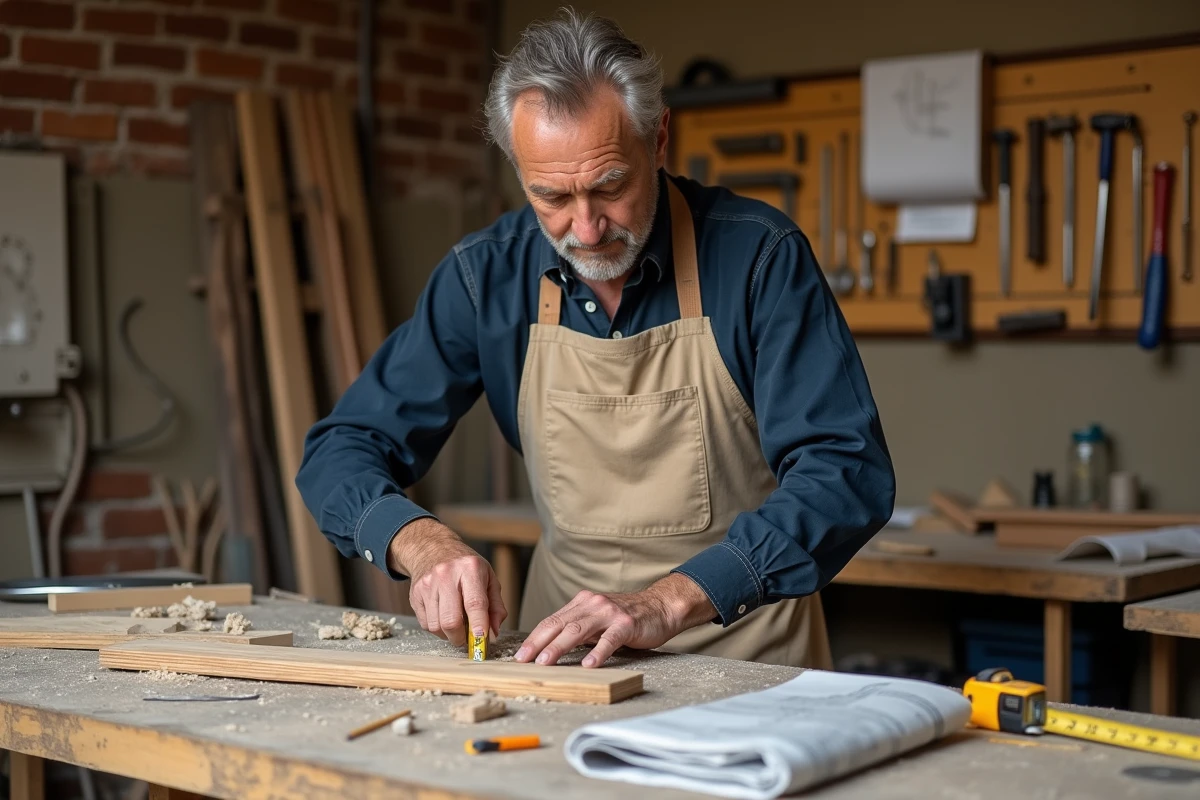 Artisan menuisier mesurant des planches en bois dans un atelier de rénovation avec des outils et des plans de travaux