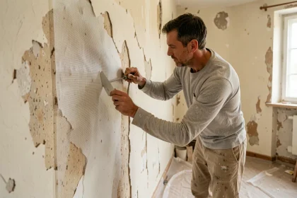 Artisan appliquant une toile en fibre de verre sur un ancien mur en plâtre dégradé lors d'une rénovation intérieure