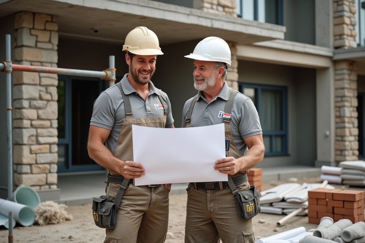 Deux artisans du bâtiment étudiant les plans de rénovation devant un chantier de maison avec échafaudage et matériaux