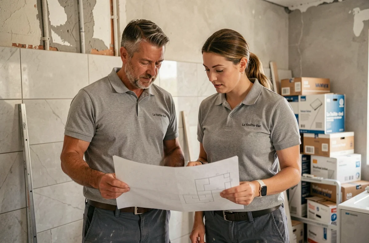 Équipe d'Astol Services consultant des plans de rénovation de salle de bain dans un chantier à La Valette-du-Var