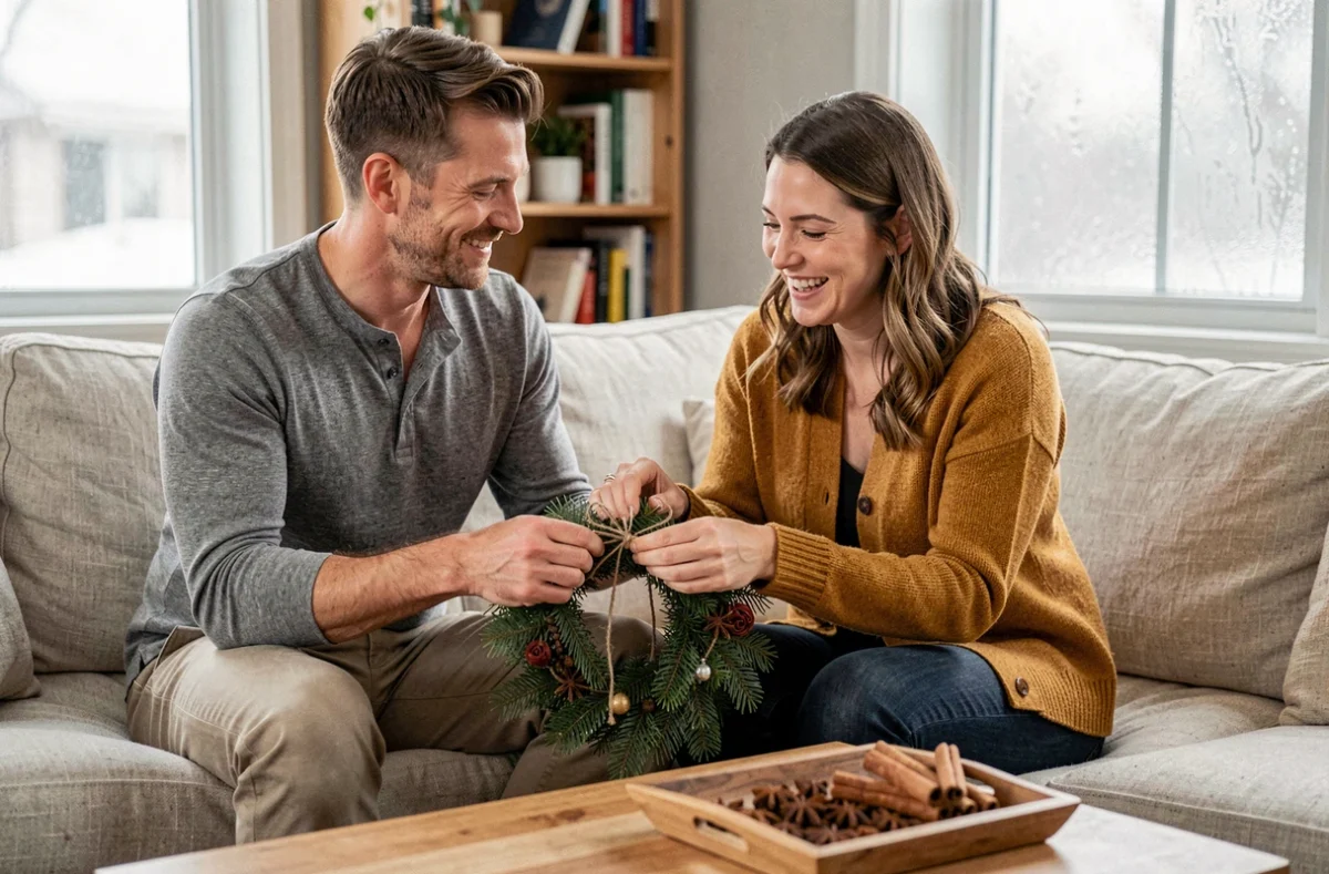 Couple confectionnant une couronne de Noël naturelle avec de la ficelle en lin dans un salon hygge douillet et sans stress