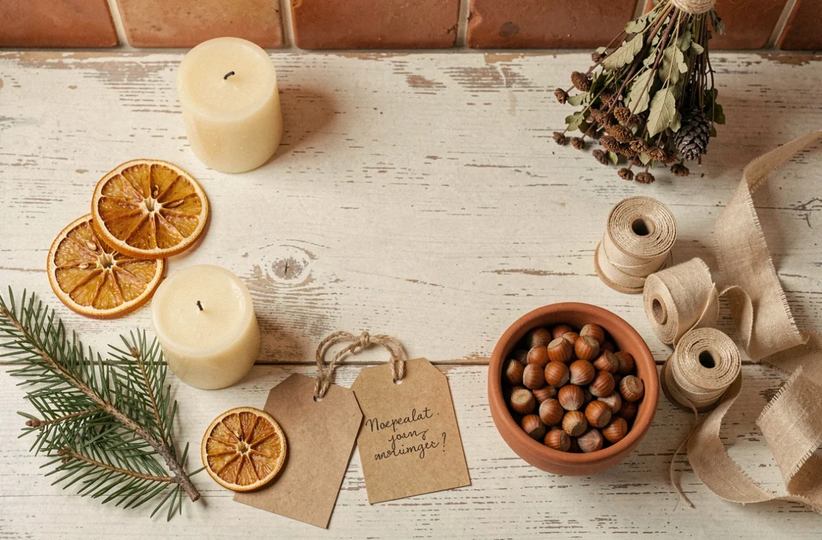 Flat lay de matériaux de décoration naturels pour les fêtes hygge : oranges séchées, bougies en cire d'abeille et branches de sapin sur bois clair