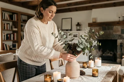 Femme décorant une table en chêne avec des branches d'eucalyptus séchées et des pommes de pin dans un intérieur hygge chaleureux pour les fêtes