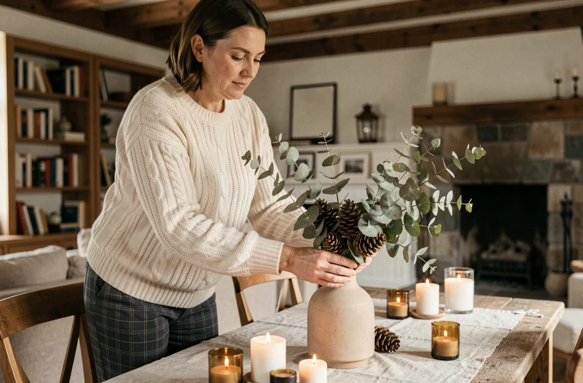 Femme décorant une table en chêne avec des branches d'eucalyptus séchées et des pommes de pin dans un intérieur hygge chaleureux pour les fêtes