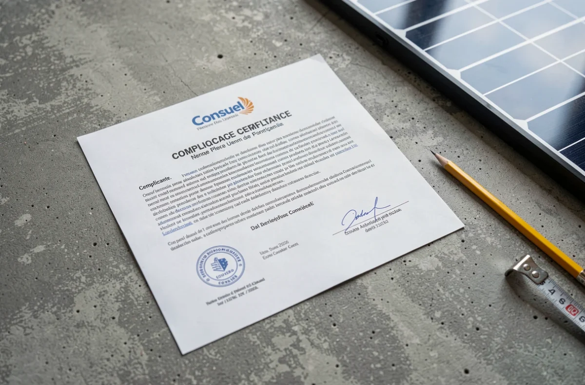 Gros plan d'une attestation Consuel officielle posée près d'un panneau solaire, document indispensable pour la conformité électrique