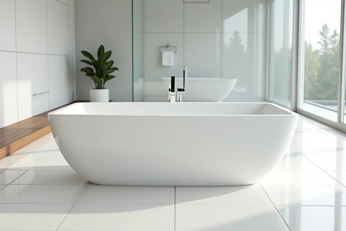 Baignoire rectangulaire balnéo encastrée dans une salle de bain minimaliste avec carrelage blanc et jets hydromassants visibles