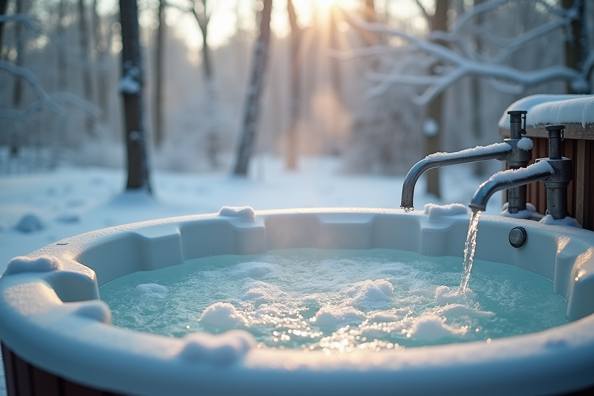 Spa extérieur enneigé avec vapeur chaude en hiver