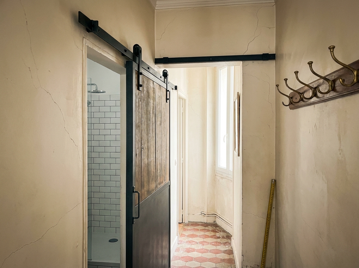 Porte coulissante style barn door en métal anthracite dans un couloir étroit d'appartement haussmannien rénové