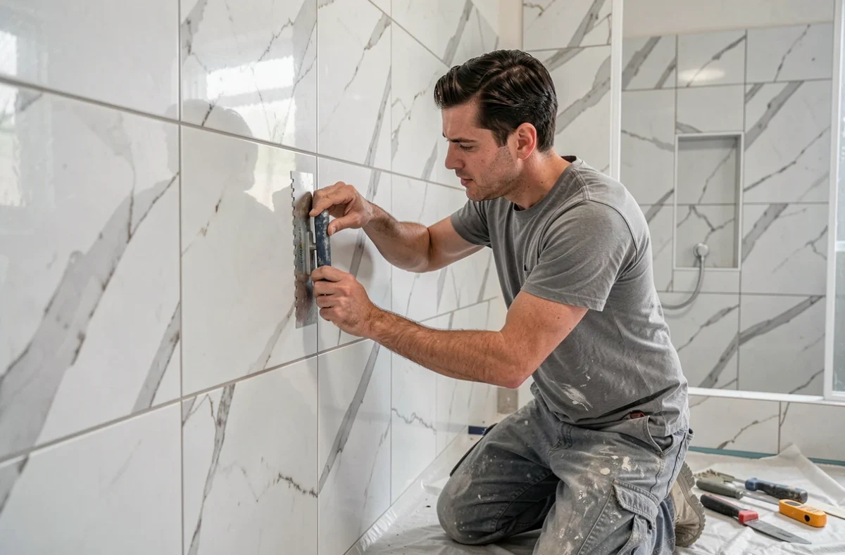 Artisan de Belaggoun Rénovation Côte d'Azur posant du carrelage grand format dans une salle de bain en rénovation à Nice
