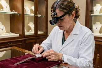 Bijoutière professionnelle remplaçant la pile d'une montre analogique dans une boutique de bijouterie traditionnelle