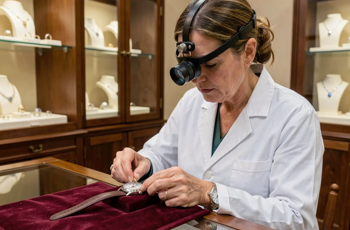 Bijoutière professionnelle remplaçant la pile d'une montre analogique dans une boutique de bijouterie traditionnelle
