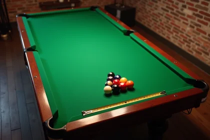 Vue aérienne d'un billard américain taille réglementaire avec mètre ruban pour comparer les dimensions