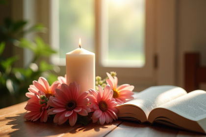 Bougie blanche entourée de fleurs vives sur une table en bois
