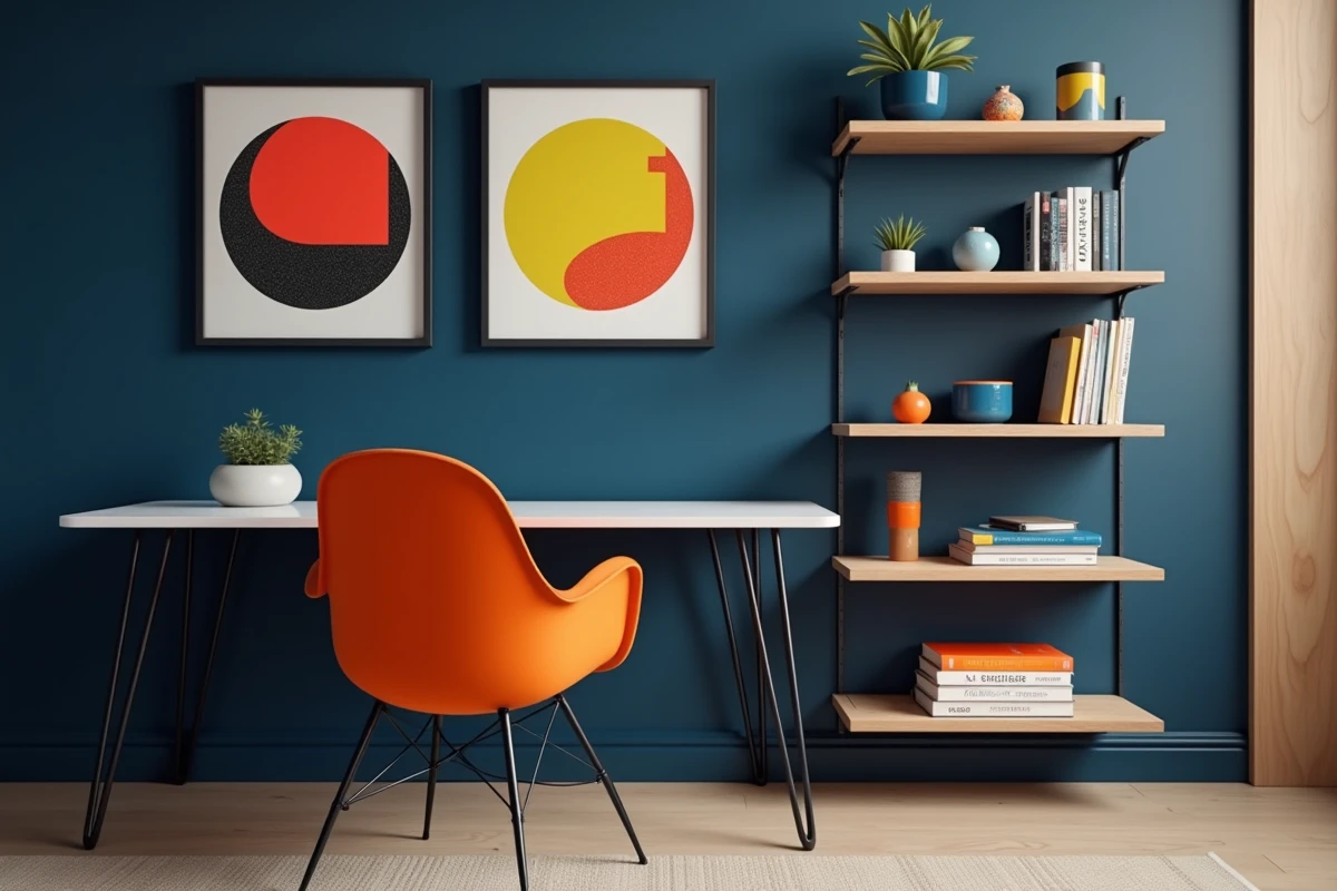 Bureau à domicile au style pop design avec fauteuil orange tangerine, mur bleu marine et affiches géométriques encadrées au-dessus d'un bureau blanc à pieds épingles