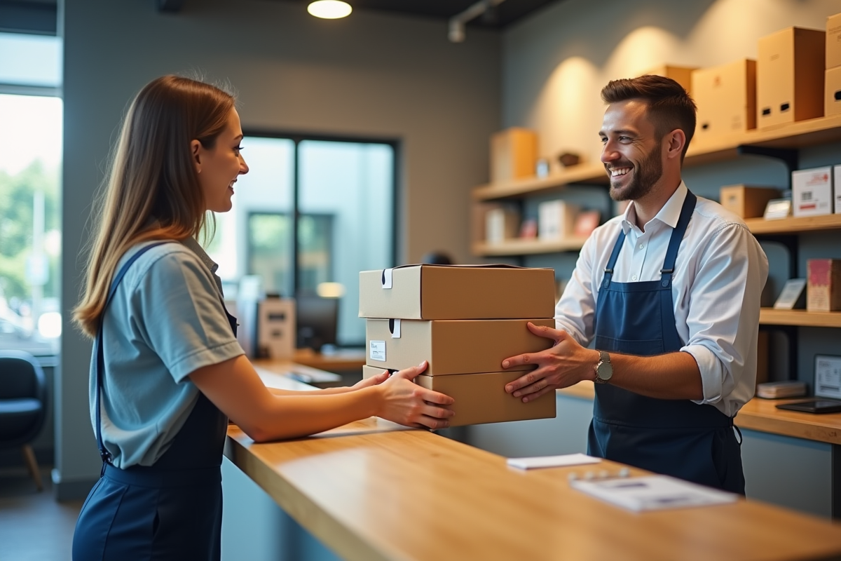 Agent postal souriant remettant des colis gratuits au client