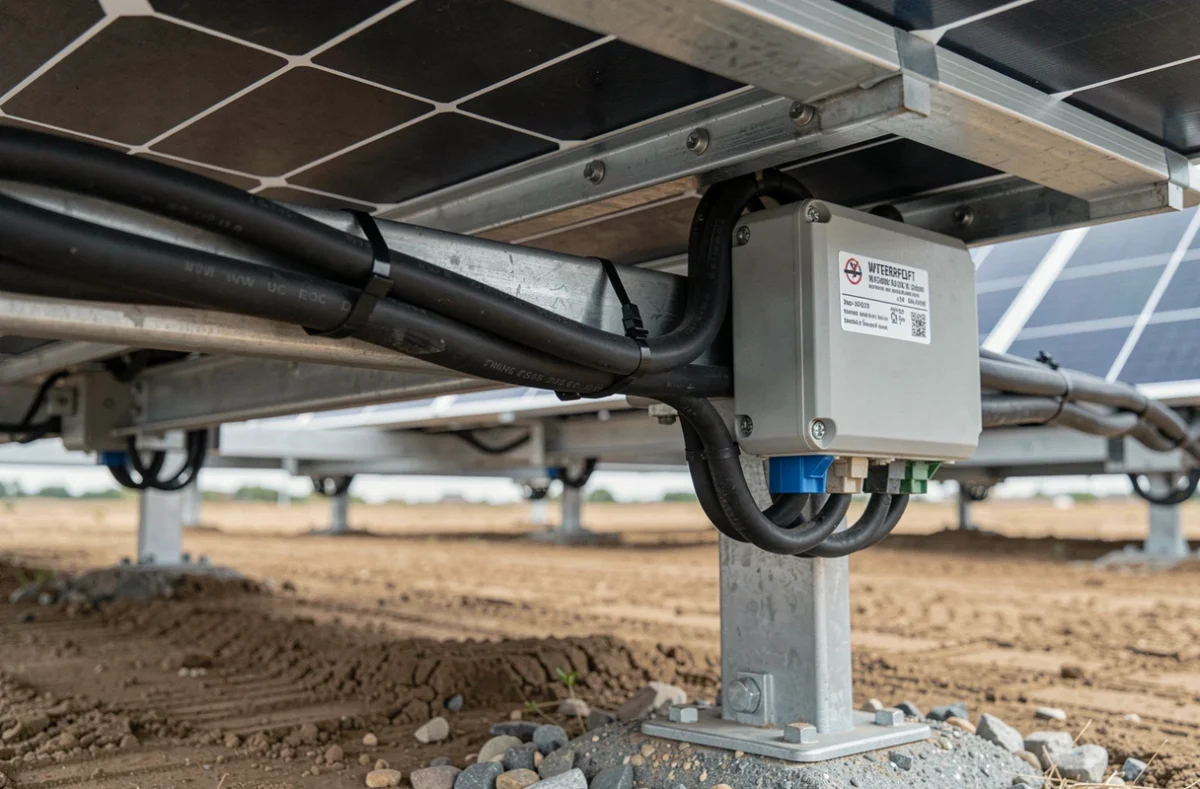 Détail du câblage électrique et boîtier de connexion sous une structure de panneaux photovoltaïques au sol