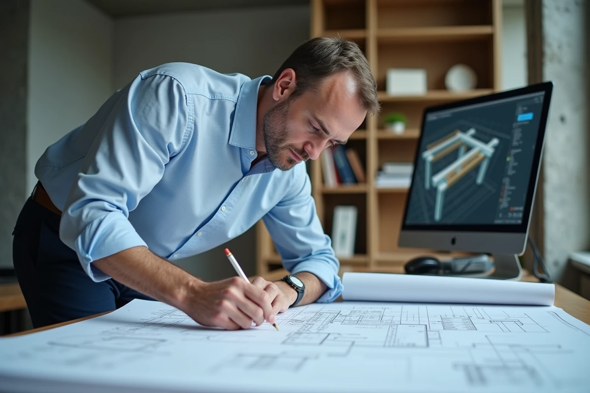 Ingénieur structure calculant les dimensions d'un IPN pour une mezzanine sur des plans techniques détaillés