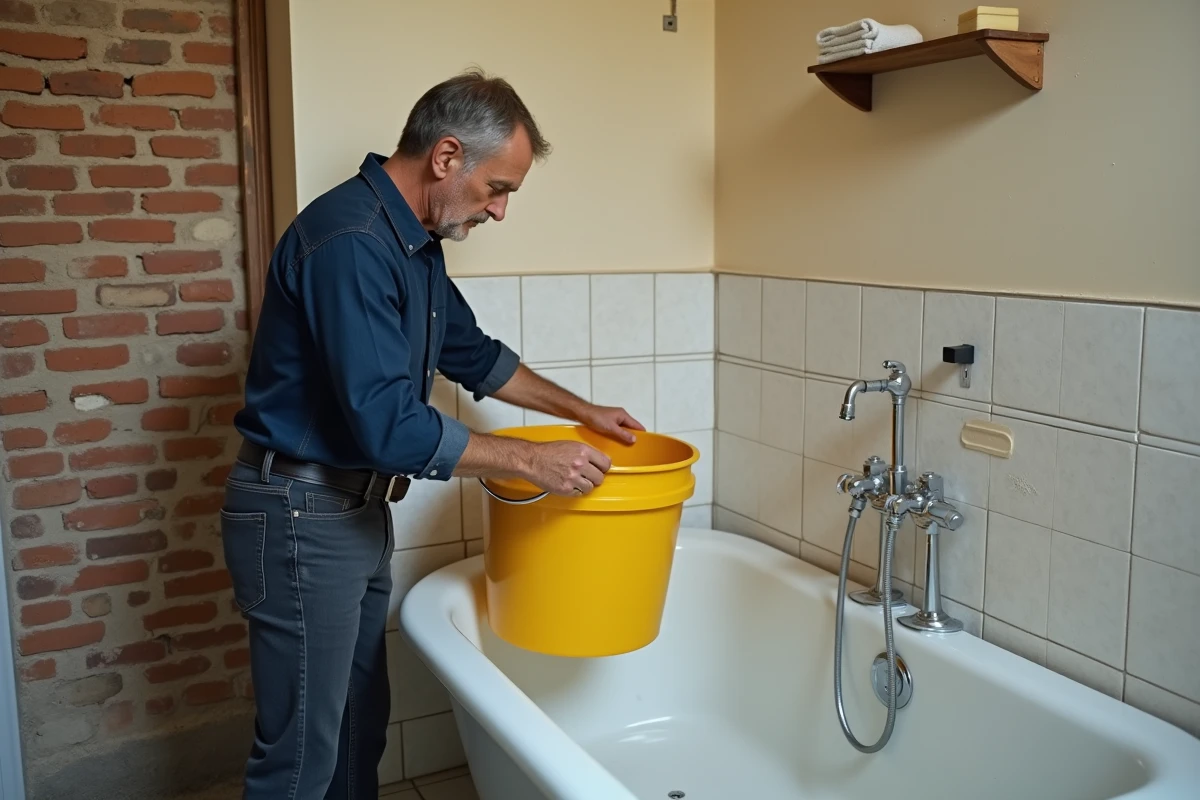 Homme marquant le volume d'eau dans une baignoire avec un seau et un marqueur pour en calculer la contenance