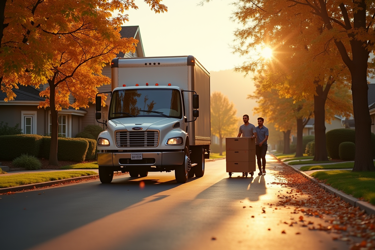 Camion de déménagement garé en rue en automne au coucher du soleil