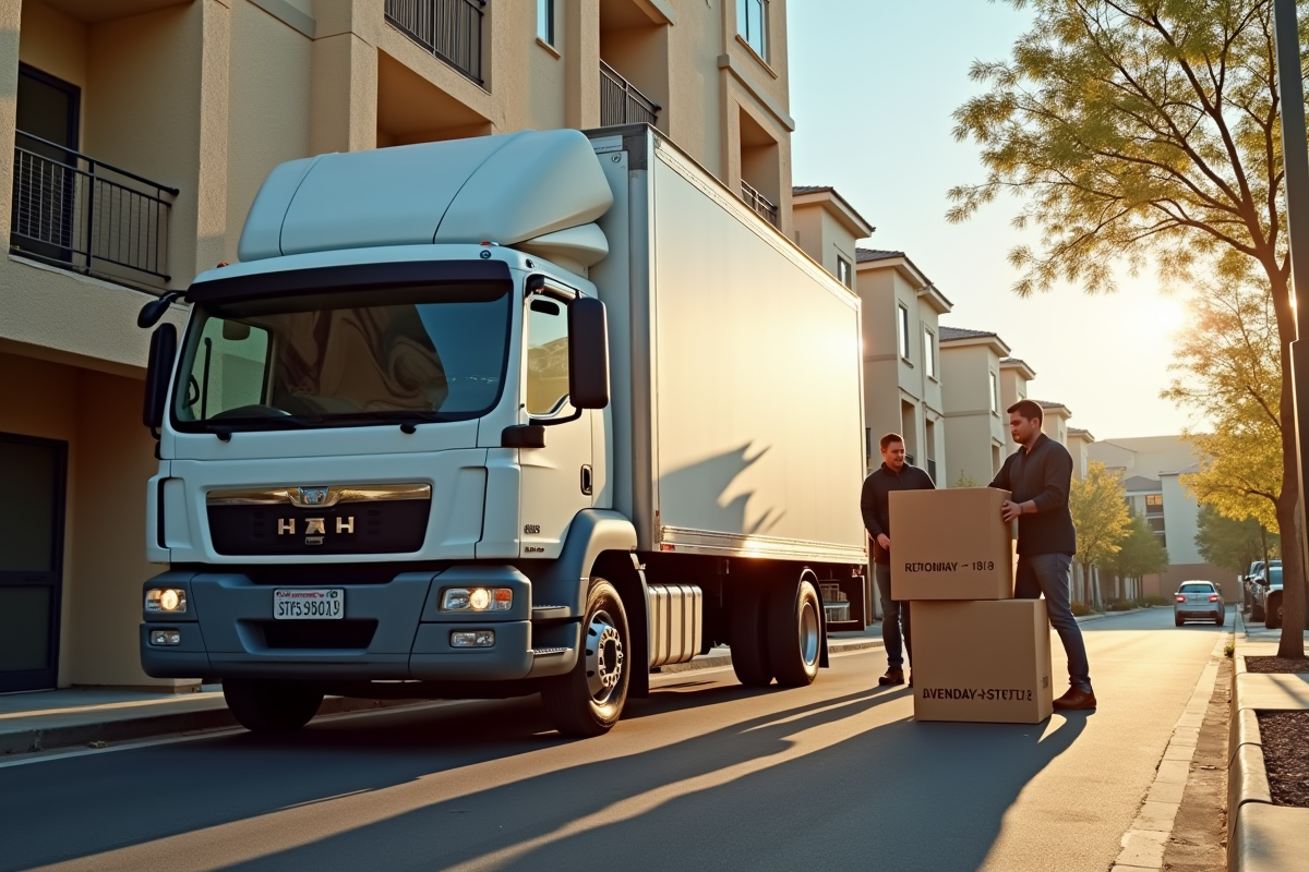 Camion de demenagement garé devant un immeuble ensoleille avec des cartons