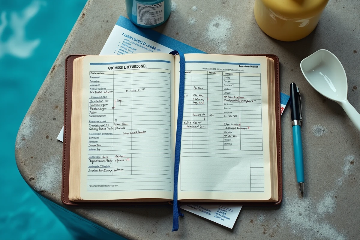 Carnet de suivi chlore piscine ouvert sur un tableau de dosage avec des corrections manuscrites sur une margelle en béton