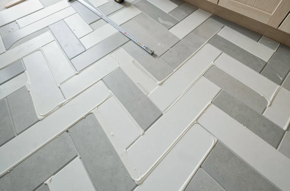 Vue aérienne d'un carrelage en chevron en cours de pose sur un sol de cuisine avec croisillons et adhésif