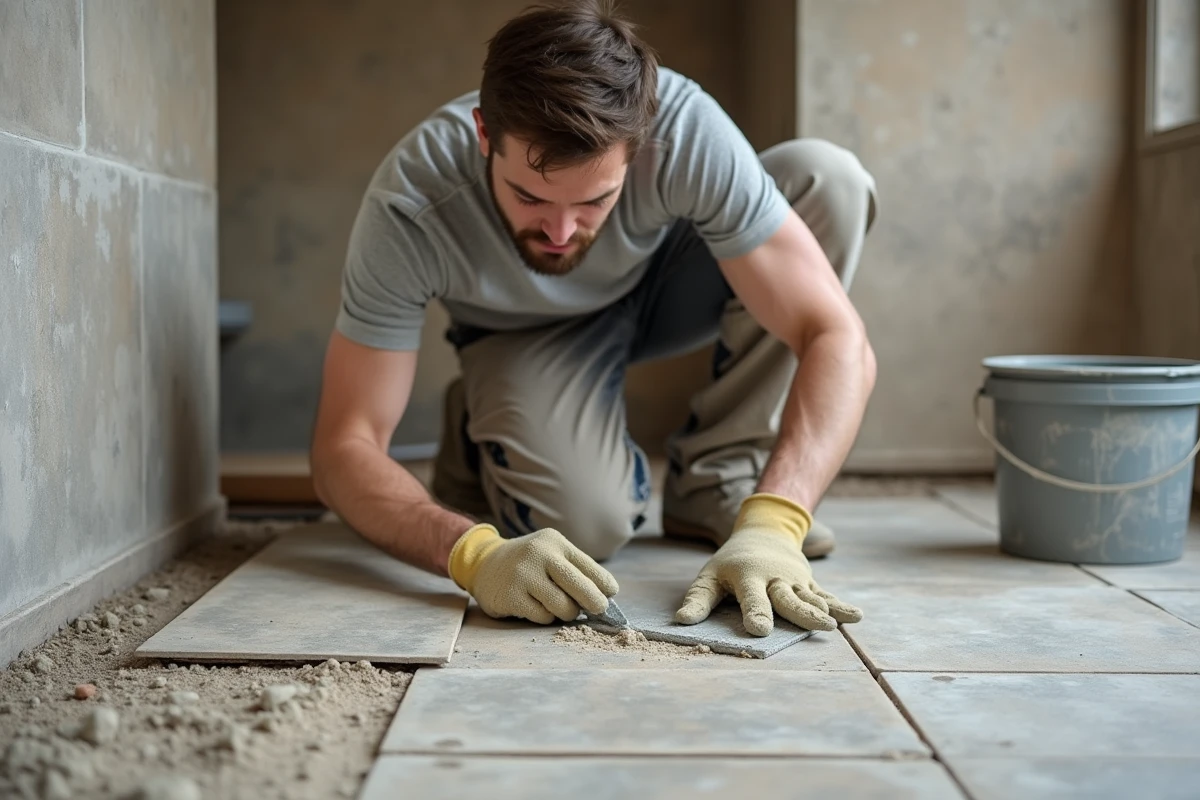 Carreleur posant du carrelage en grès céramique dans une cuisine en cours de rénovation