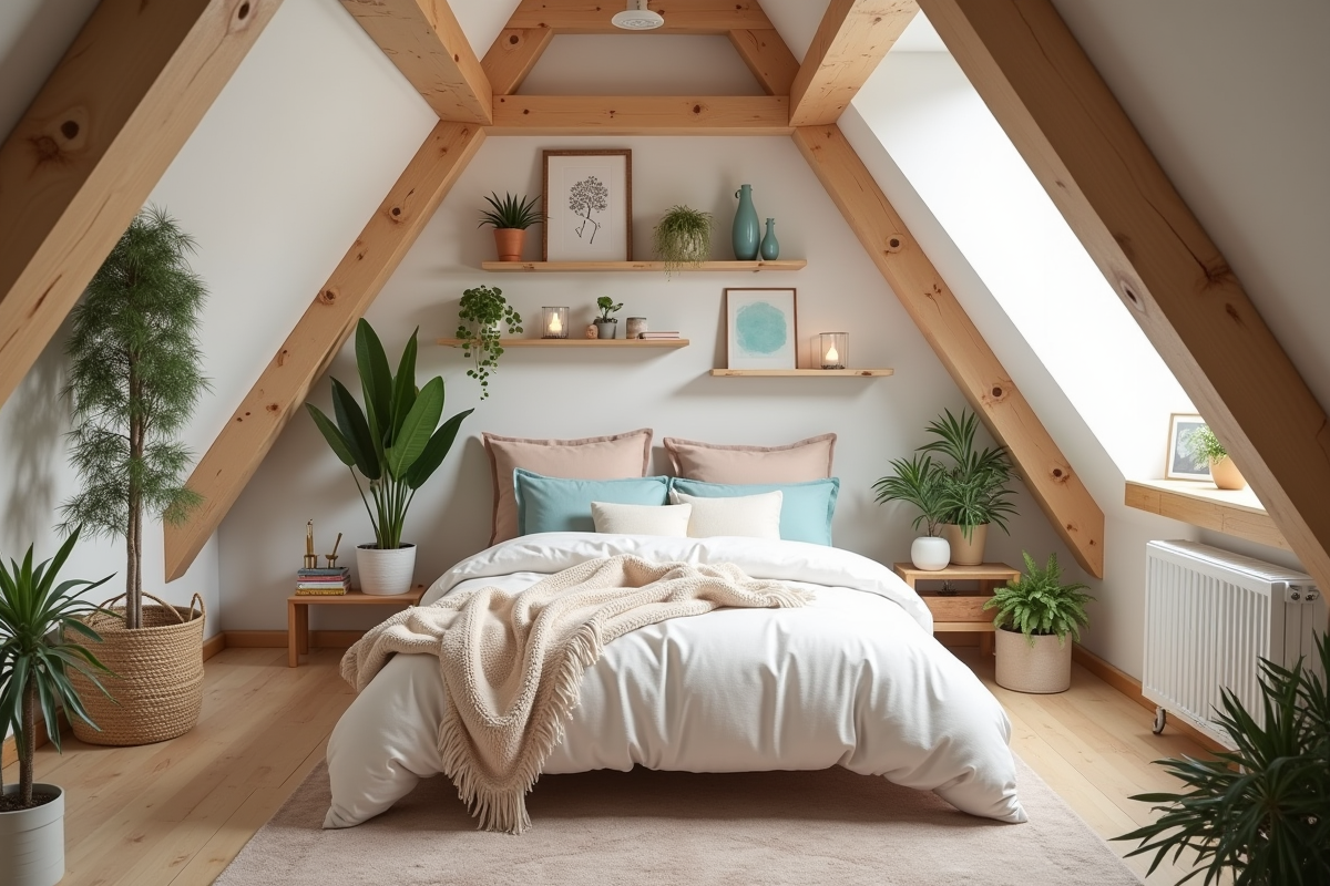 Chambre sous les combles avec poutres en bois et plantes