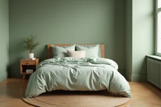 Chambre apaisante décorée en vert sauge doux avec linge de lit en lin et parquet en chêne pour un sommeil réparateur