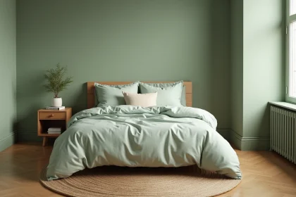Chambre apaisante décorée en vert sauge doux avec linge de lit en lin et parquet en chêne pour un sommeil réparateur