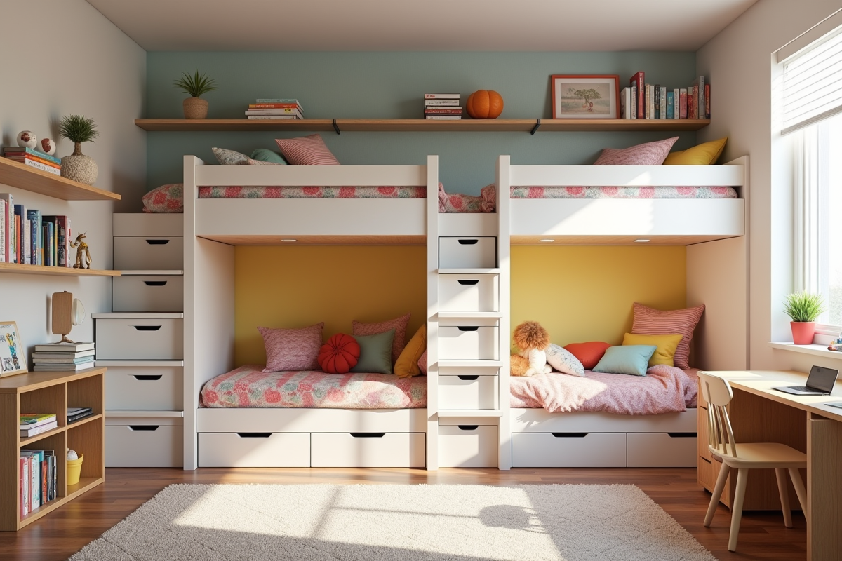 Chambre partagée pour enfants avec lits superposes et rangements