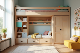 Chambre d'enfant moderne avec lit en mezzanine et espace de jeu
