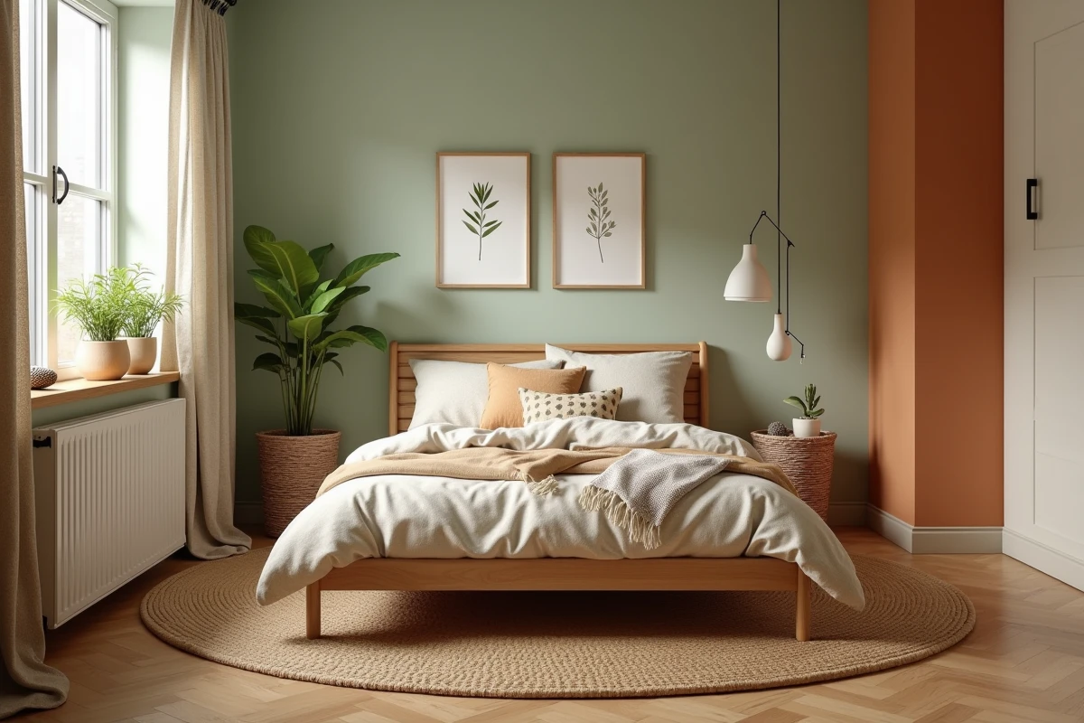 Chambre garçon décorée sur le thème de la nature avec murs vert sauge, lit en bois et plantes vertes
