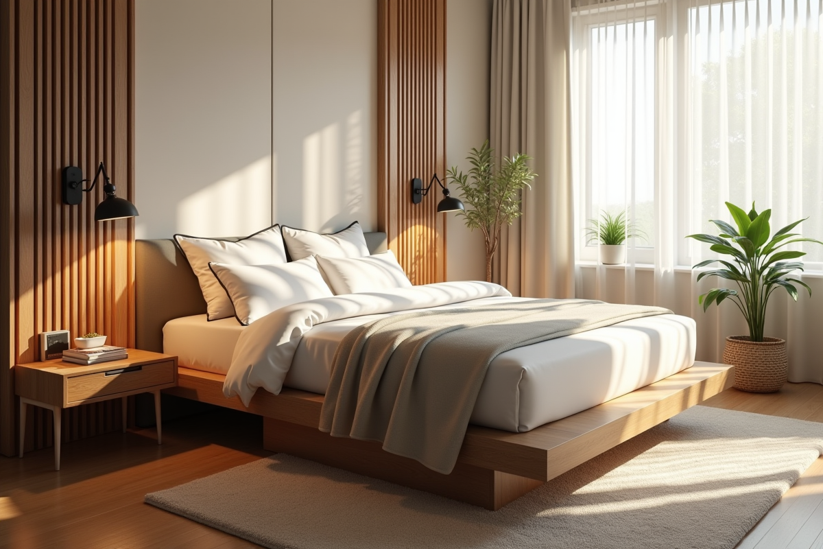 Chambre moderne avec lit surélevé et plantes vertes