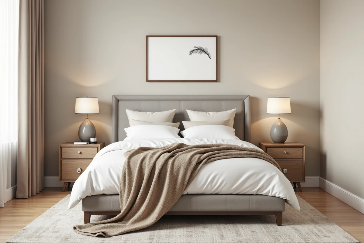 Chambre classique aux tons neutres beige et blanc cassé avec literie en coton blanc et tête de lit tapissée en gris pierre