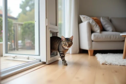 Chatière amovible transparente installée sur une porte-fenêtre en PVC blanc dans un appartement en location, avec un chat tigré passant à travers