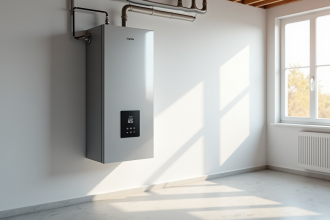Chaudière à condensation moderne dans un sous-sol lumineux